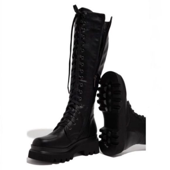 !! NEW !! Knee High Lack Up Combat Boots with Side Zip in Black - Picture 2 of 7